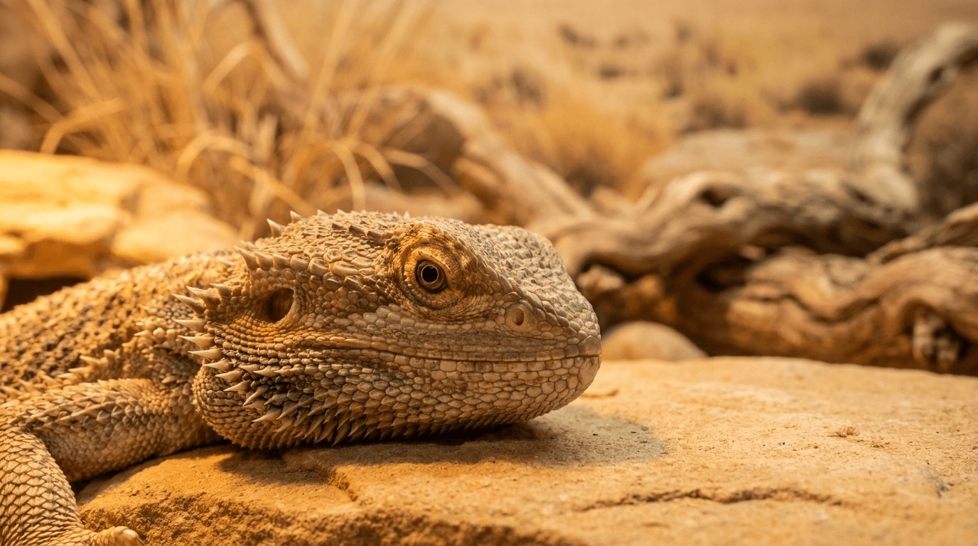 Macro photograph of a bearded dragon on warm desert sandstone