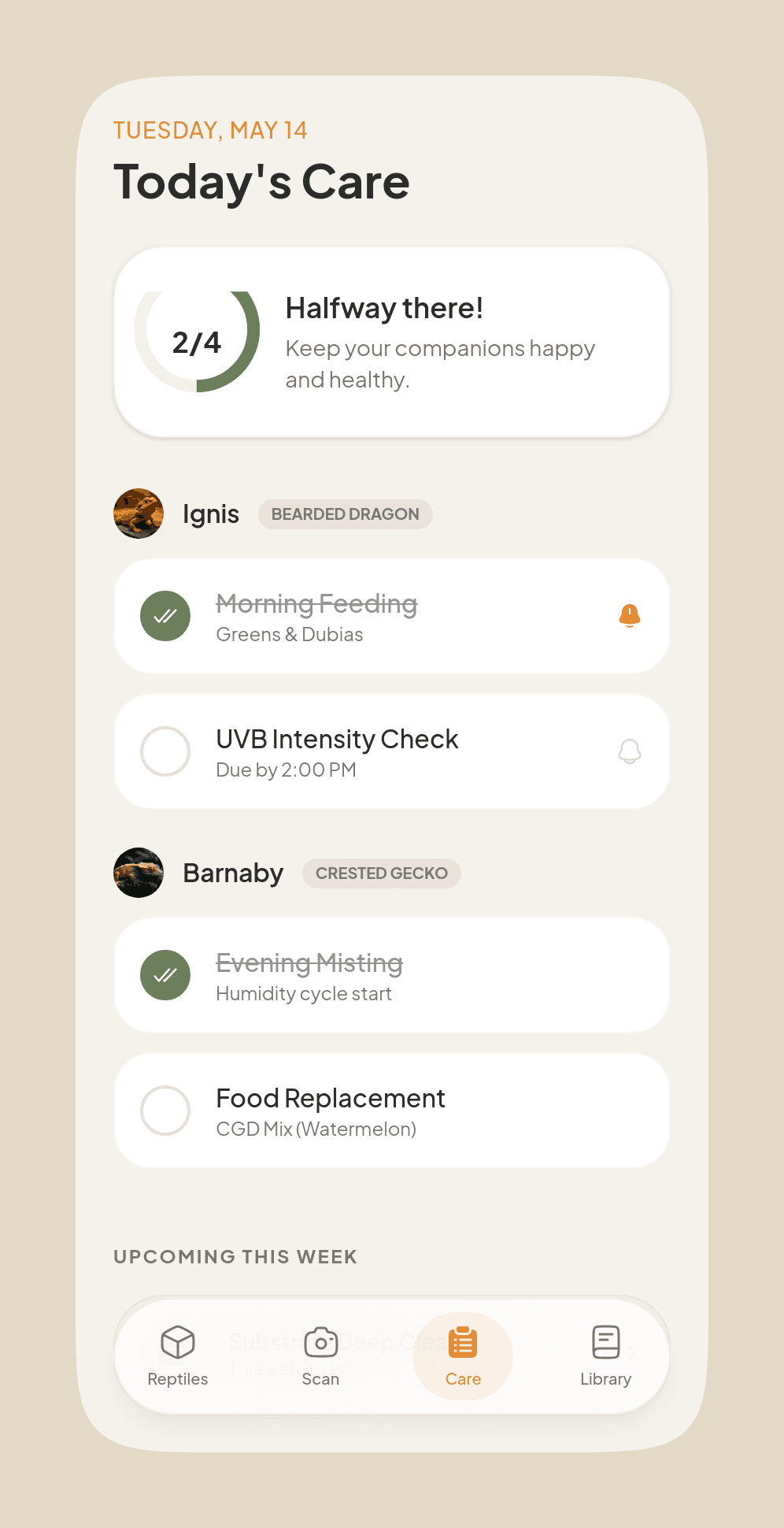 Squamo daily care dashboard with reminders