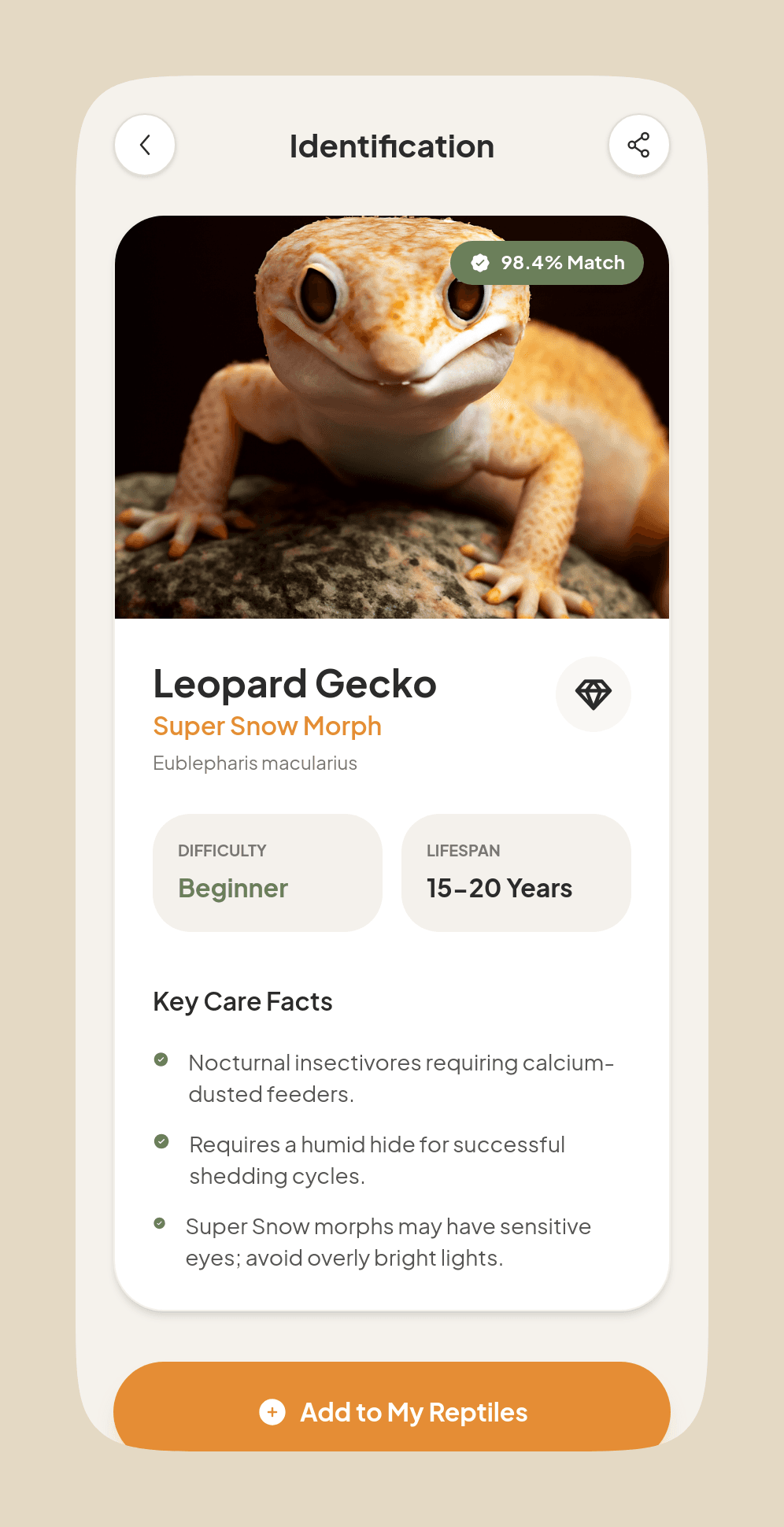 Squamo scan result screen identifying a reptile species and morph